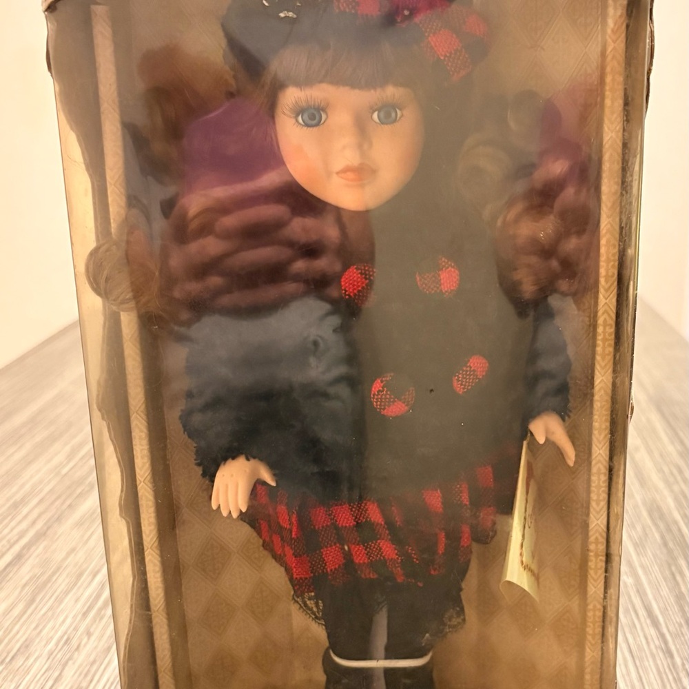 Classic Bisque Porcelain Limited Edition Plaid Doll with Red Accents